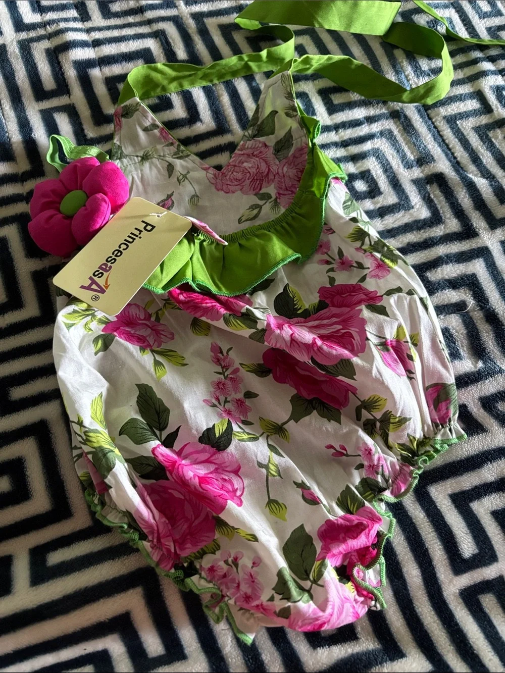 White Floral Halter Romper with Pink Roses and Green Trim